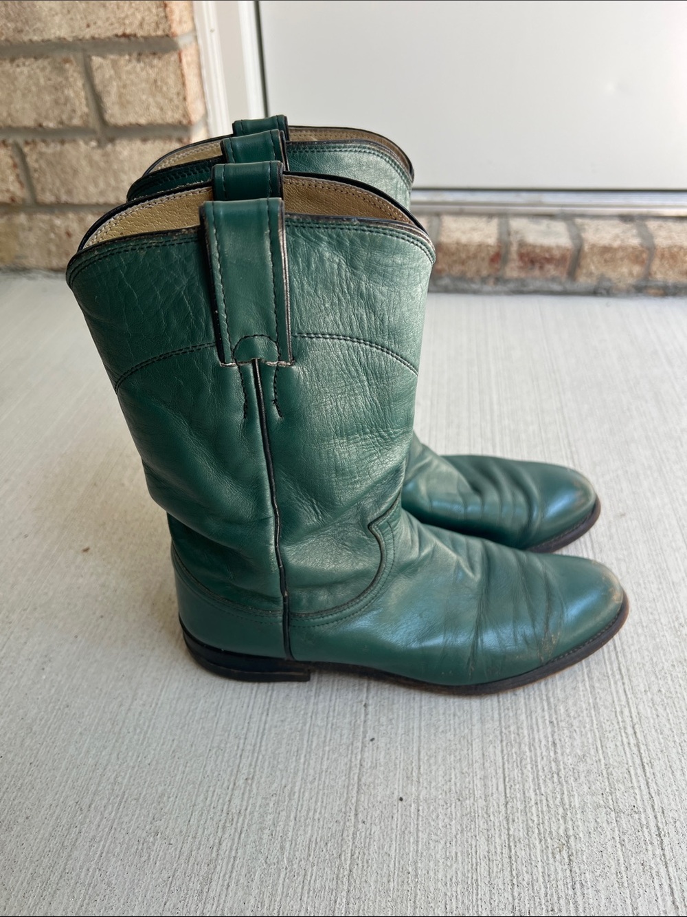 Vintage Justin Boots Green Leather Mid-Calf Roper Western Cowboy Boots 6.5
